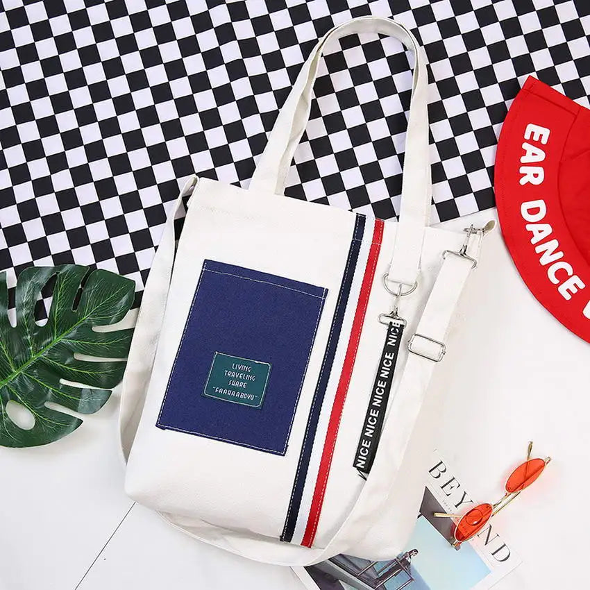 Patchwork Canvas Tote Shopping Bag with Removable Chain Strap