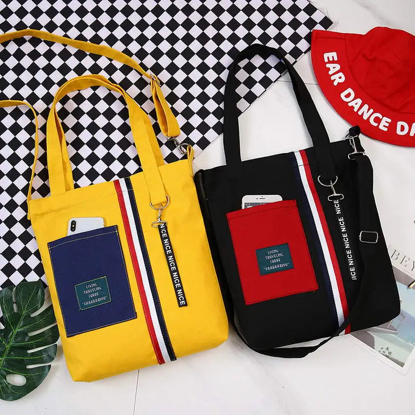 Patchwork Canvas Tote Shopping Bag with Removable Chain Strap