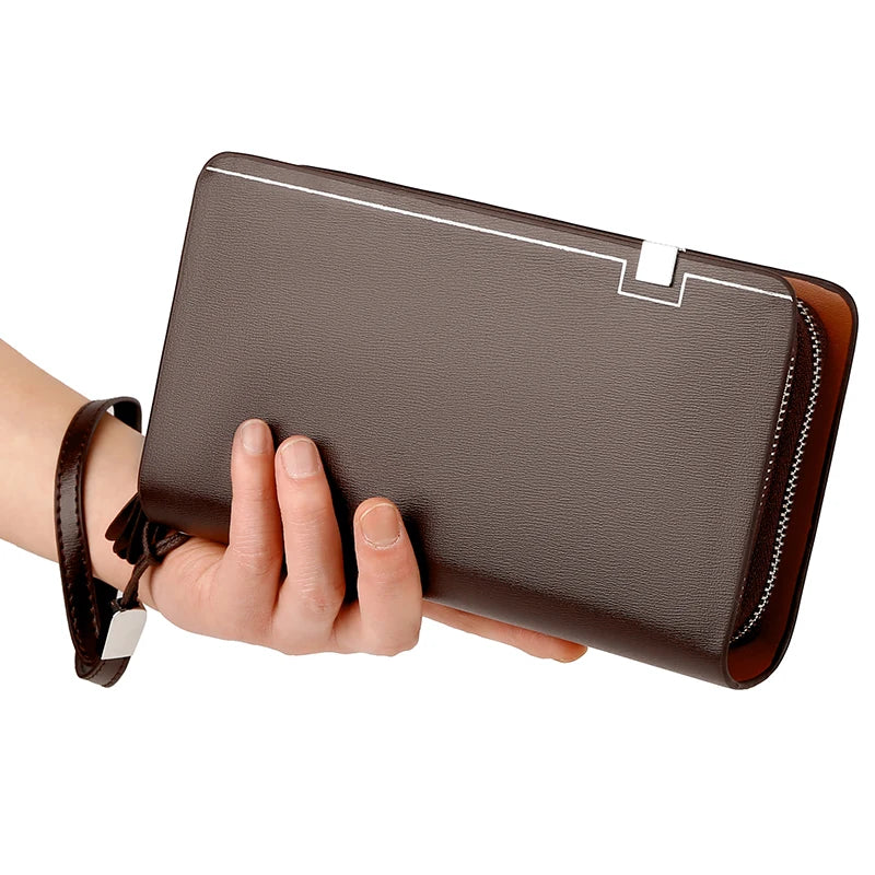KANGAROO Men Clutch Bag Leather Long Purse Double Zipper Business Wallet Brown