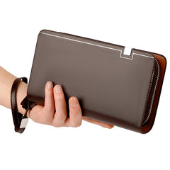 KANGAROO Men Clutch Bag Leather Long Purse Double Zipper Business Wallet Brown