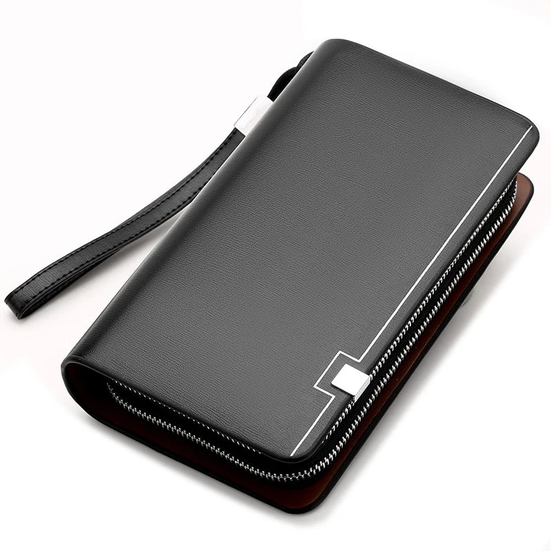 KANGAROO Men Clutch Bag Leather Long Purse Double Zipper Business Wallet Brown