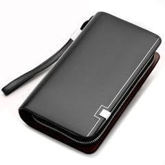 KANGAROO Men Clutch Bag Leather Long Purse Double Zipper Business Wallet Brown
