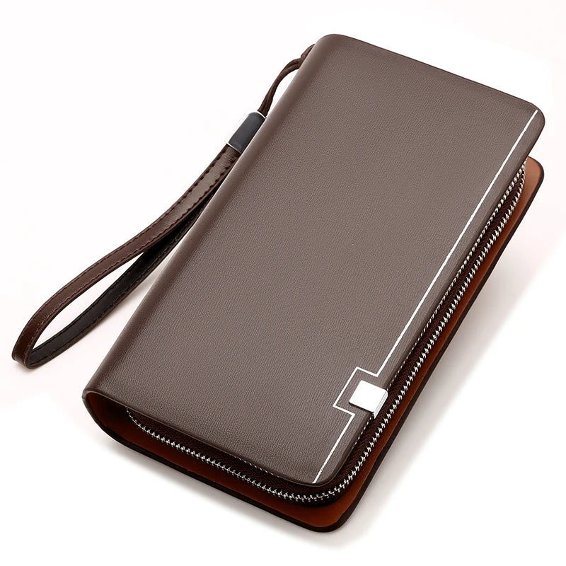 KANGAROO Men Clutch Bag Leather Long Purse Double Zipper Business Wallet Brown