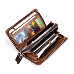 KANGAROO Men Clutch Bag Leather Long Purse Double Zipper Business Wallet Brown