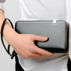 KANGAROO Men Clutch Bag Leather Long Purse Double Zipper Business Wallet Brown