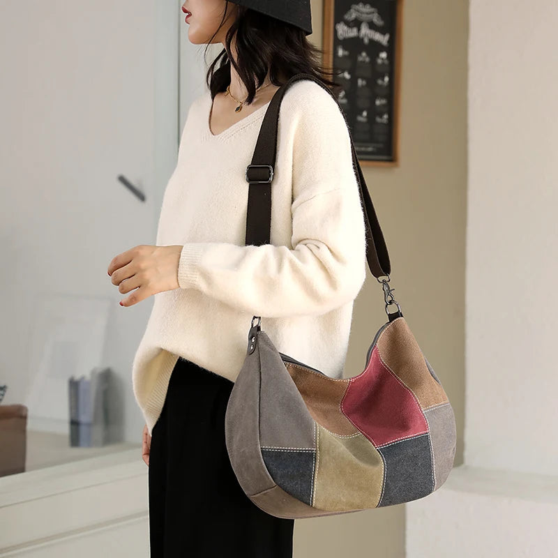 Vintage Canvas Shoulder Bag Patchwork Tote Handbags Purse Crossbody Bag