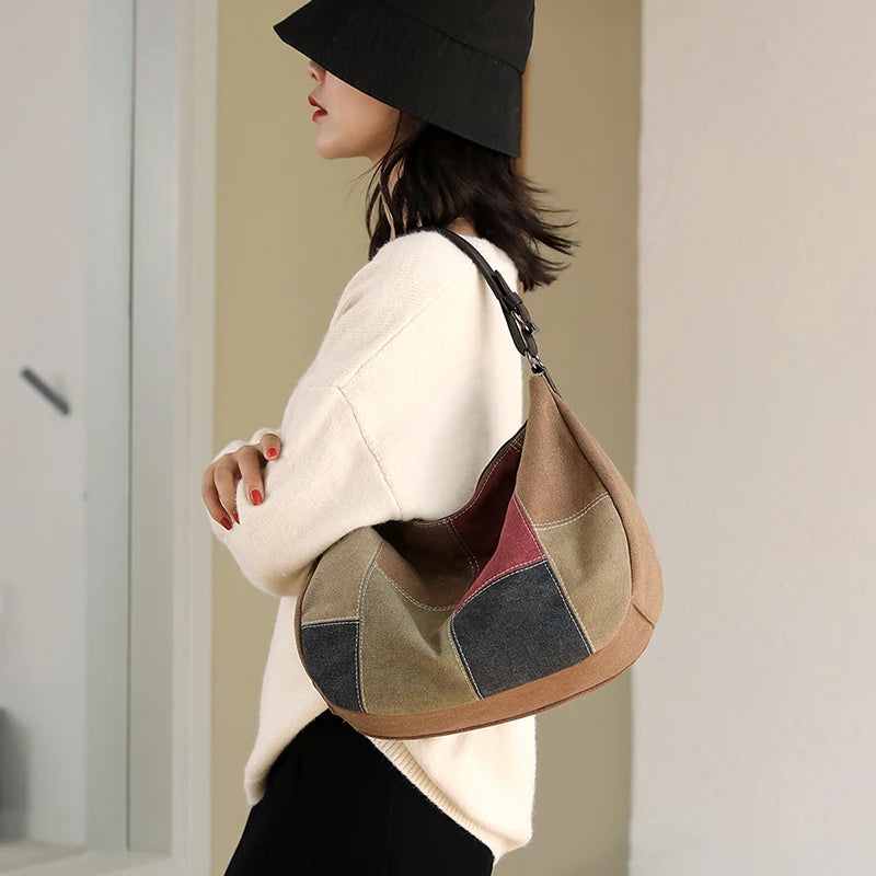 Vintage Canvas Shoulder Bag Patchwork Tote Handbags Purse Crossbody Bag