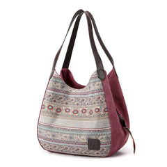 Striped Canvas Shoulder Bag Multi-layer Pockets Ladies Tote Hobos Bolsos