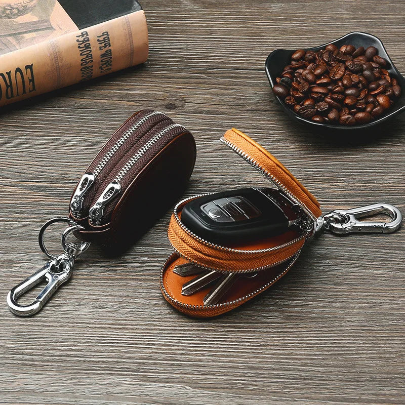 Leather Key Holder Double Zipper Car Wallets