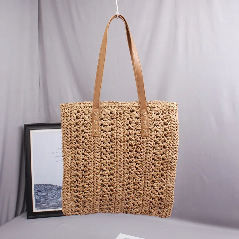 Khaki Straw Shoulder Beach Bag with Liner Bohemian Rattan Handbag