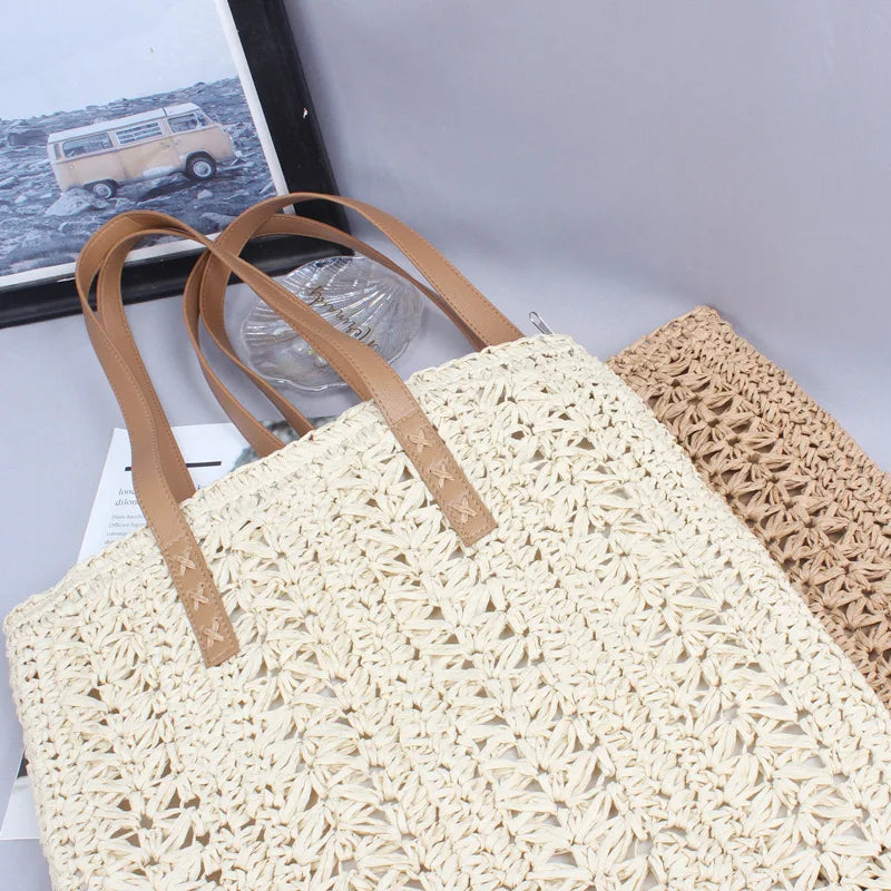Khaki Straw Shoulder Beach Bag with Liner Bohemian Rattan Handbag