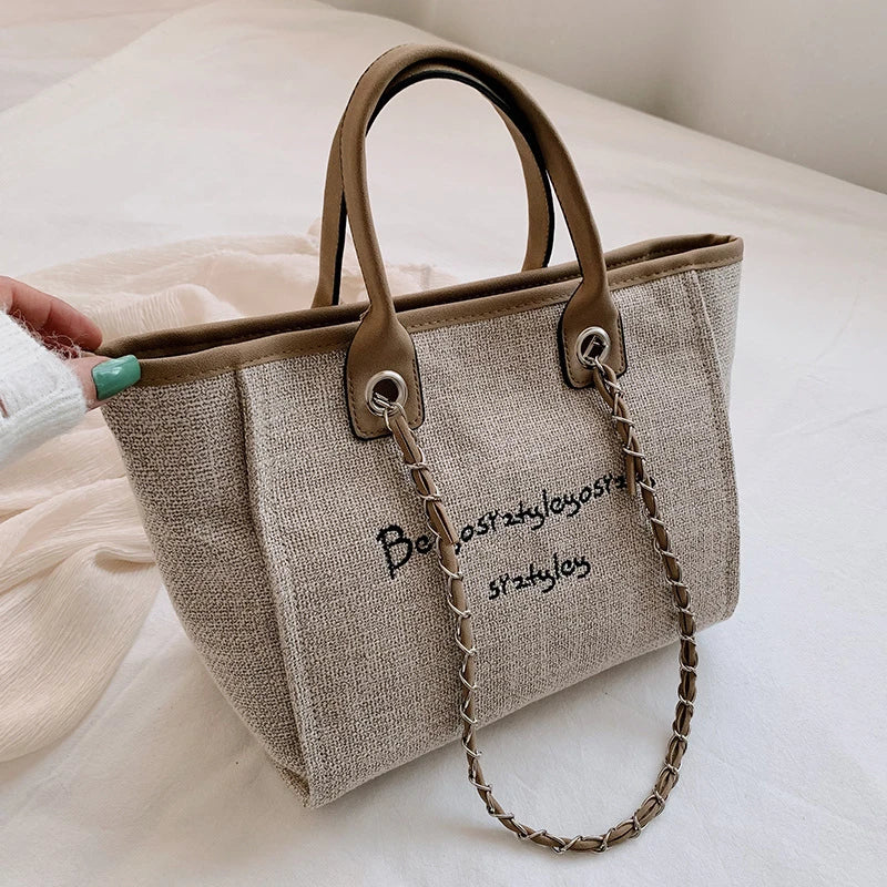 Khaki Canvas Shoulder Bag Laptop Tote Large Capacity Handbag