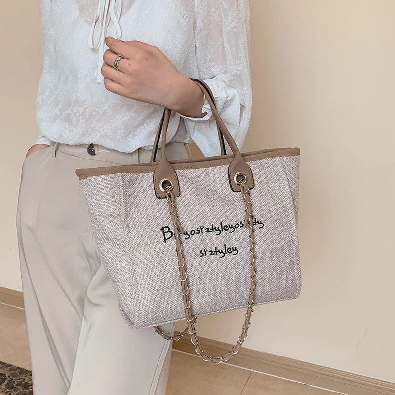 Khaki Canvas Shoulder Bag Laptop Tote Large Capacity Handbag