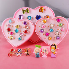 Kids Adjustable Cartoon Girl Rings with Heart Shaped Showcase