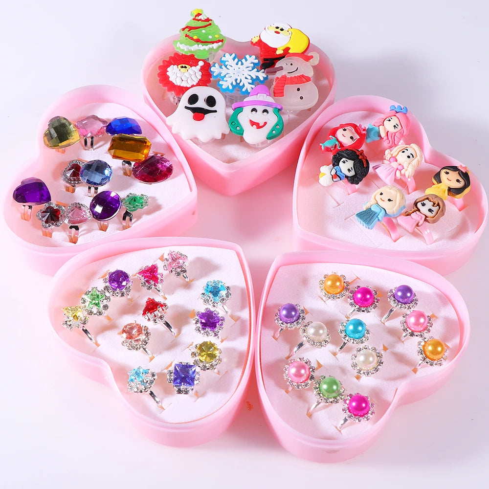 Kids Adjustable Cartoon Girl Rings with Heart Shaped Showcase