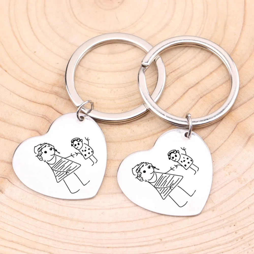 Engraved Kids Drawing Keychain for Mom Heart Shape Baby Artwork