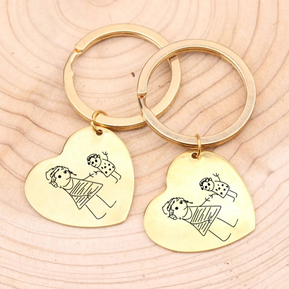 Engraved Kids Drawing Keychain for Mom Heart Shape Baby Artwork