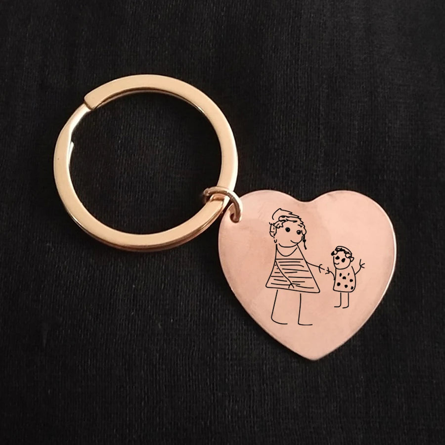 Engraved Kids Drawing Keychain for Mom Heart Shape Baby Artwork