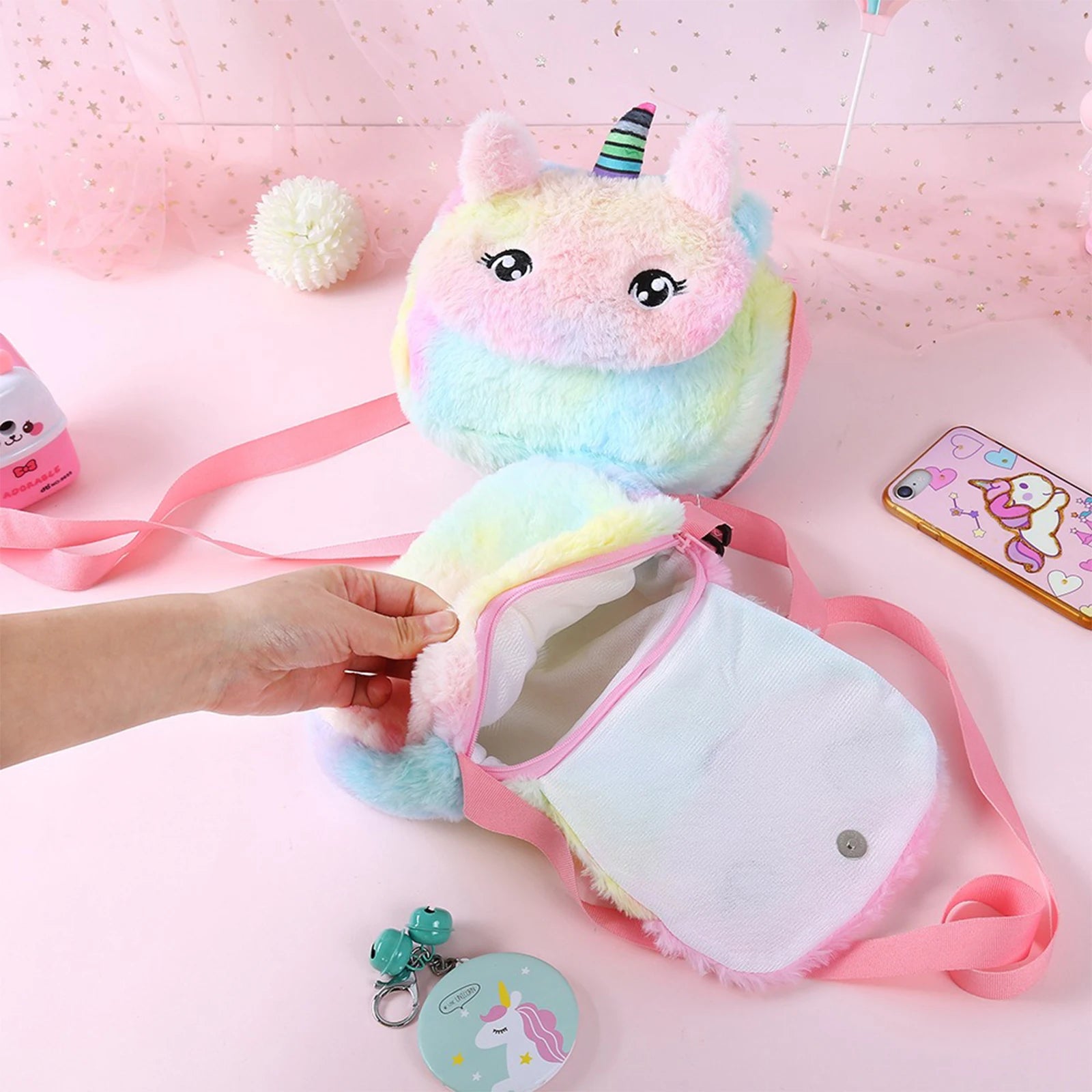 Plush Girls Cartoon Messenger Bag Adjustable Strap Large Capacity