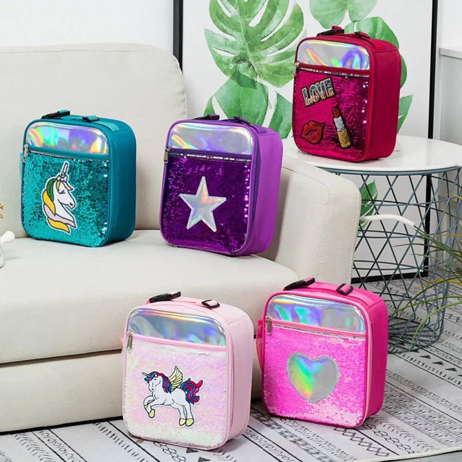 Sequins Insulated Lunch Bag for Kids Women