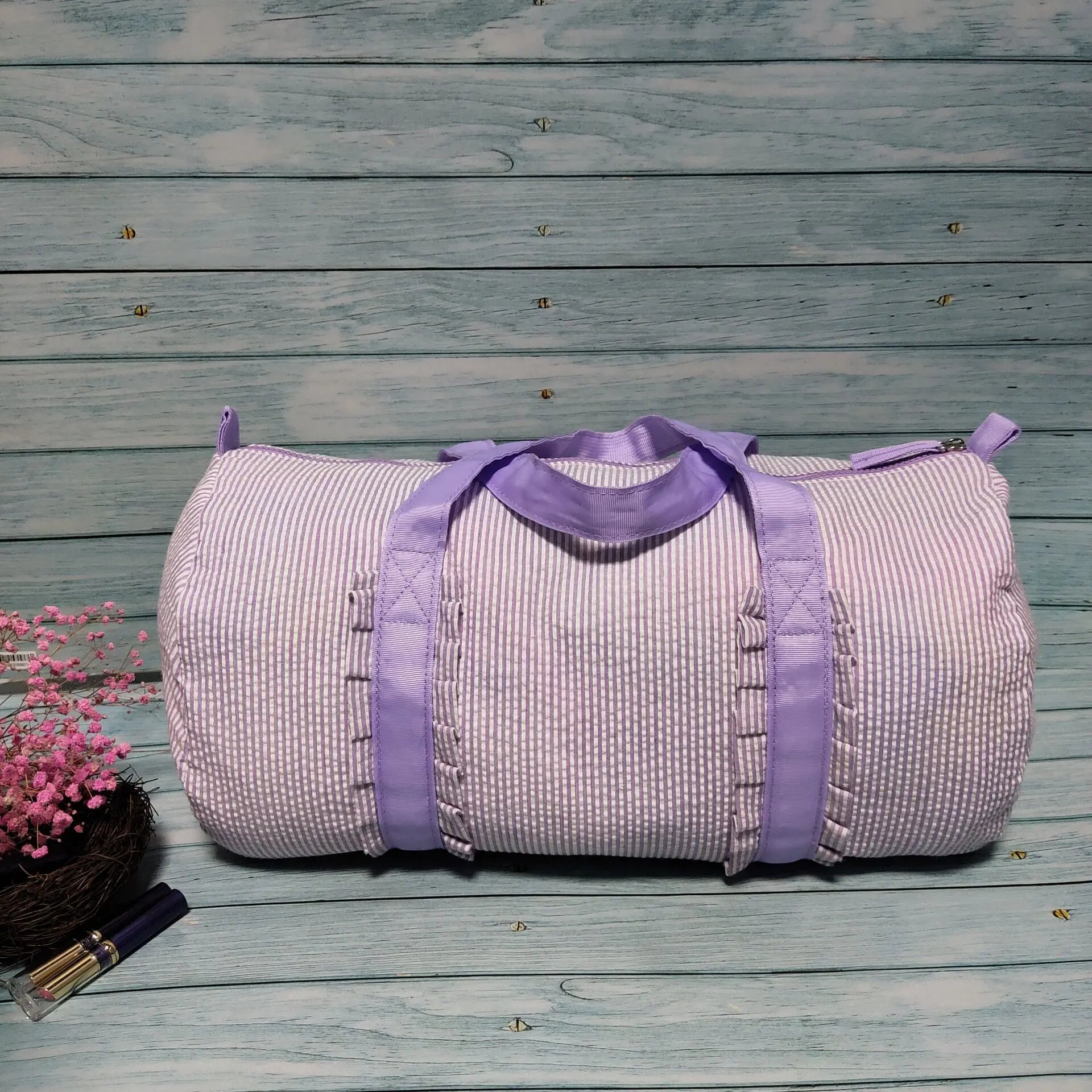 Kids Seersucker Ruffle Duffle Bags Pink/Purple Soft Preschooler Seersucker