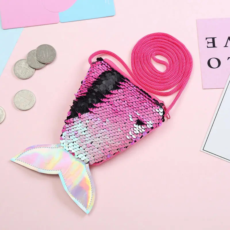 Mermaid Tail Sequins Coin Bag Kids Mini Shoulder Purse Zipper Coin Purse