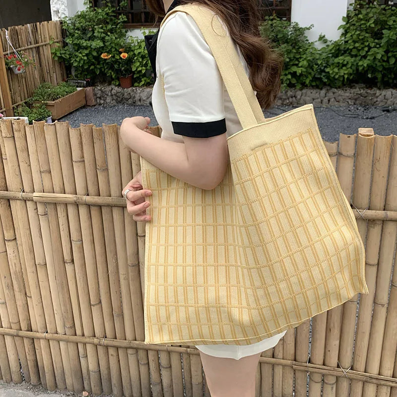 Knitting Wool Women Handbag Chequer Chess Eco big Shopping Bag Decoration Purse