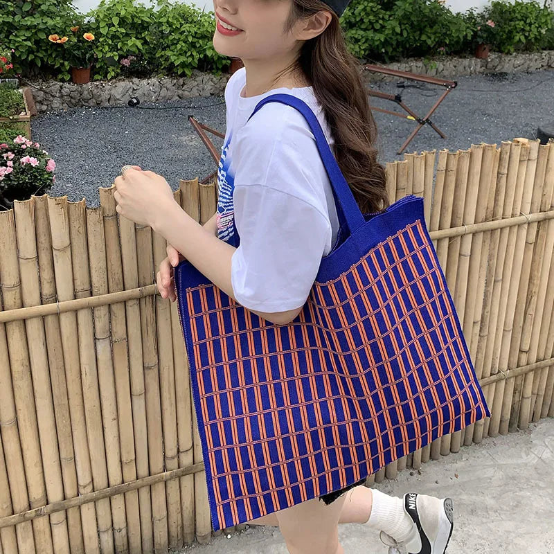 Knitting Wool Women Handbag Chequer Chess Eco big Shopping Bag Decoration Purse