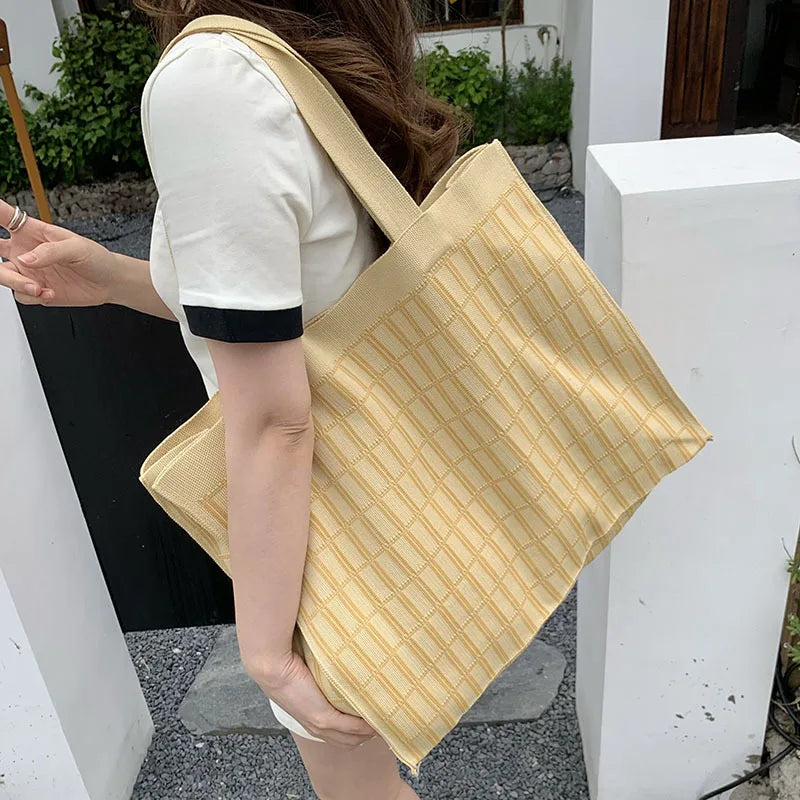 Knitting Wool Women Handbag Chequer Chess Eco big Shopping Bag Decoration Purse