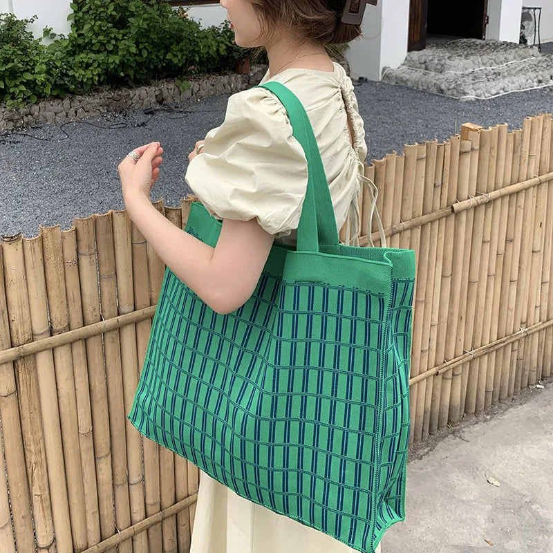 Knitting Wool Women Handbag Chequer Chess Eco big Shopping Bag Decoration Purse
