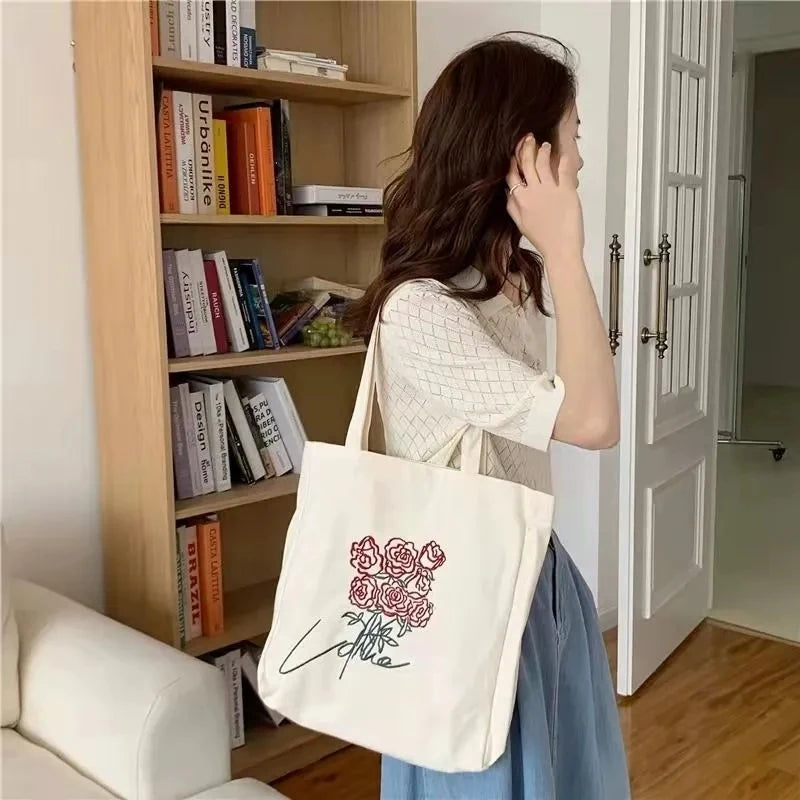 Vintage Floral Canvas Shoulder Bag for Women - Large Capacity