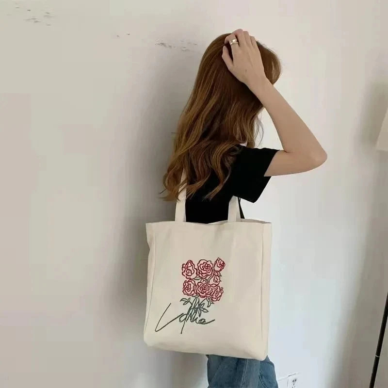 Vintage Floral Canvas Shoulder Bag for Women - Large Capacity