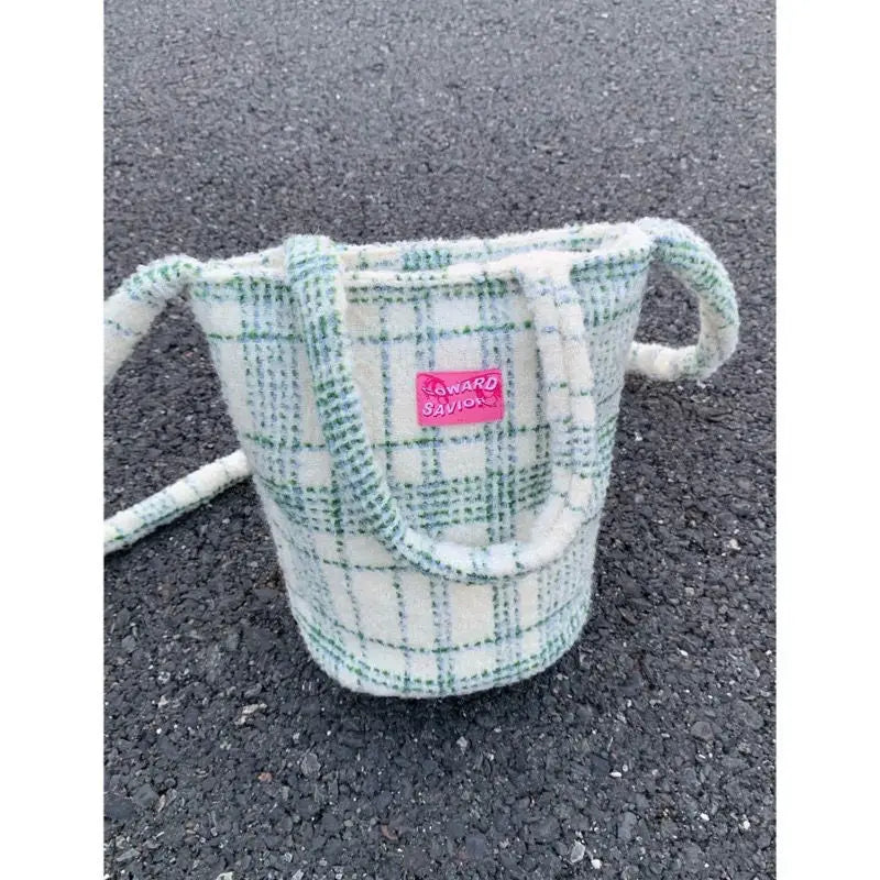 Green Matcha Check Tote Bucket Bag Lady Bags