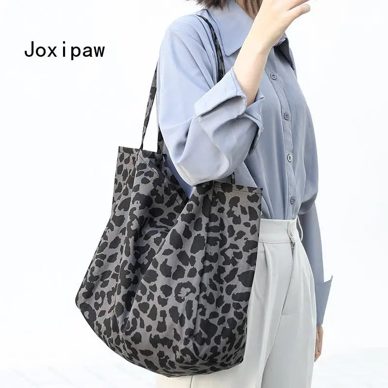 Leopard Print Canvas Shoulder Bag for Women Vintage Handbags Female Tote Bags