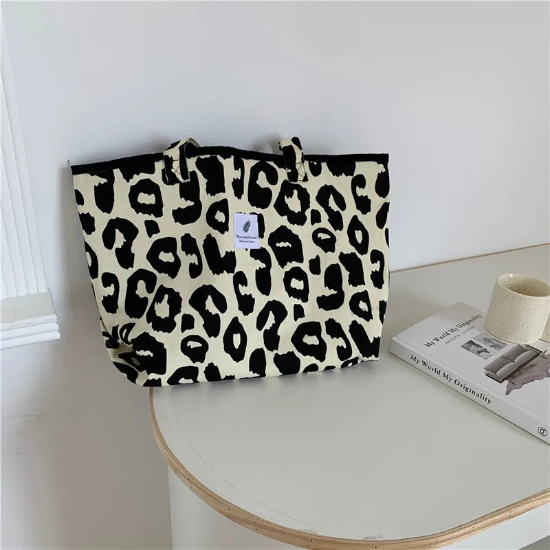 Leopard Print Canvas Tote Bag Women's Casual Shoulder Bag