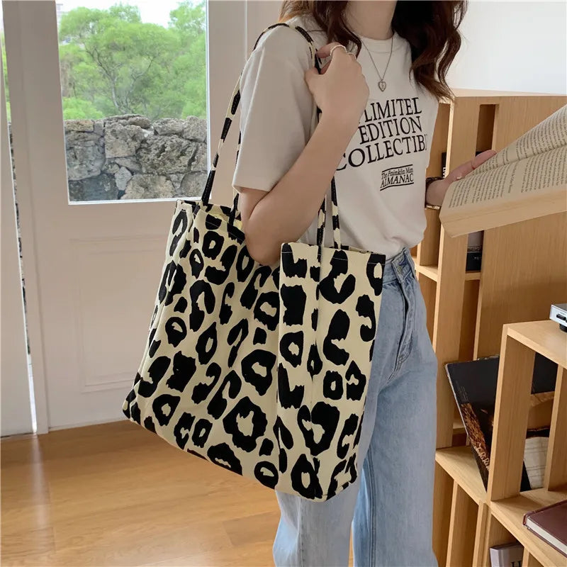 Leopard Print Canvas Tote Bag Women's Casual Shoulder Bag