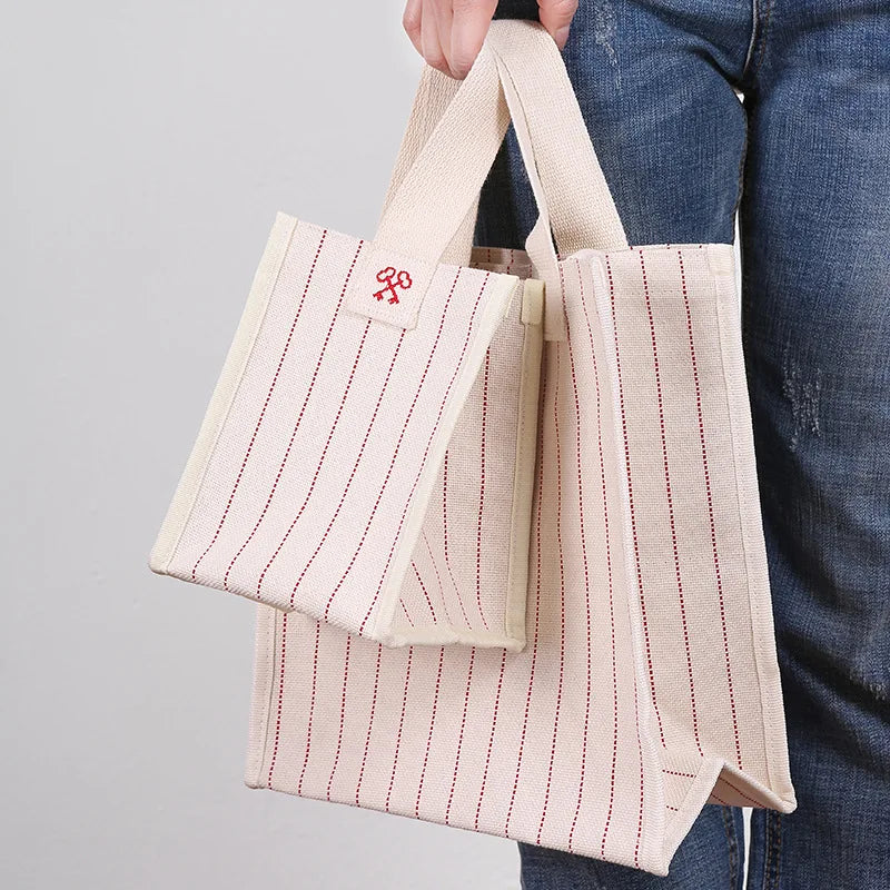Striped Shoulder Bags Canvas Mini Hand Bag Small Square Female Beach Handbag
