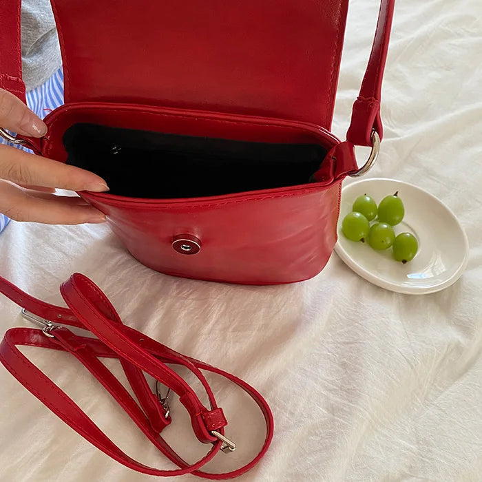 Red Leather Women Shoulder Bag Flap Cover Bucket Crossbody Bag Beige