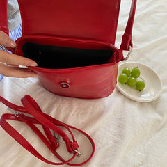 Red Leather Women Shoulder Bag Flap Cover Bucket Crossbody Bag Beige