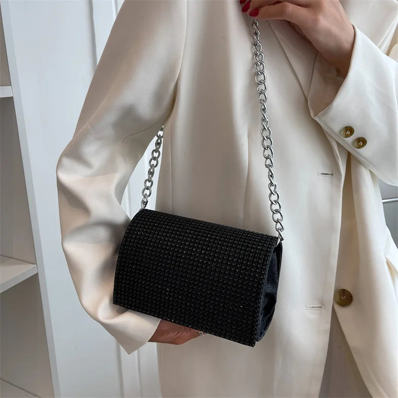Rhinestone Women's Handbag Square Flap Bag Silver Chain Shoulder Bag