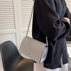 Rhinestone Women's Handbag Square Flap Bag Silver Chain Shoulder Bag