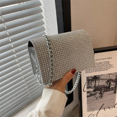 Rhinestone Women's Handbag Square Flap Bag Silver Chain Shoulder Bag