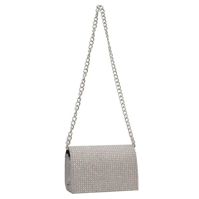 Rhinestone Women's Handbag Square Flap Bag Silver Chain Shoulder Bag