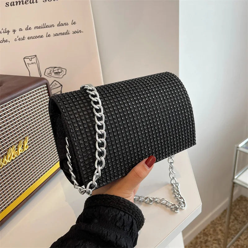 Rhinestone Women's Handbag Square Flap Bag Silver Chain Shoulder Bag