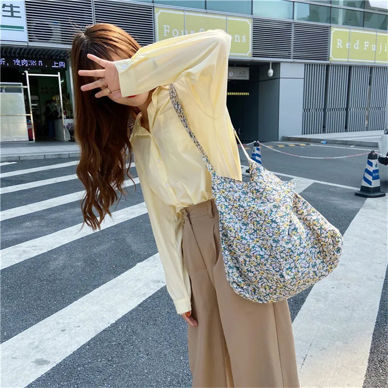 Floral Large Crossbody Bag for Women Eco Reusable Cotton Grocery Shoulder Bag