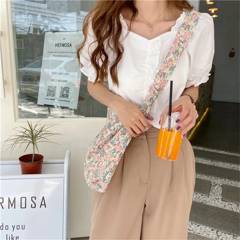 Floral Large Crossbody Bag for Women Eco Reusable Cotton Grocery Shoulder Bag