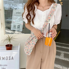 Floral Large Crossbody Bag for Women Eco Reusable Cotton Grocery Shoulder Bag