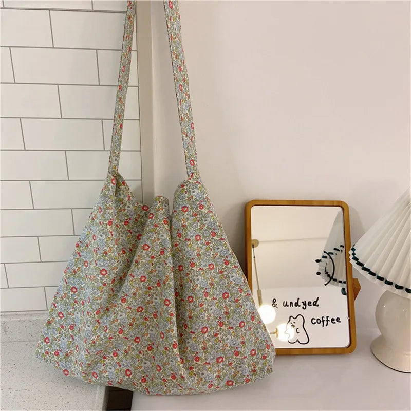Floral Large Crossbody Bag for Women Eco Reusable Cotton Grocery Shoulder Bag