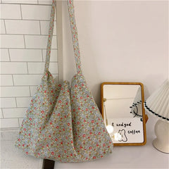 Floral Large Crossbody Bag for Women Eco Reusable Cotton Grocery Shoulder Bag