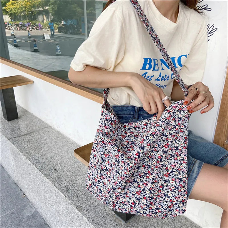 Floral Large Crossbody Bag for Women Eco Reusable Cotton Grocery Shoulder Bag